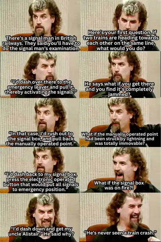 A grid of eight panels shows a man with long curly hair and a beard, reacting to escalating absurdity in a mock interview…