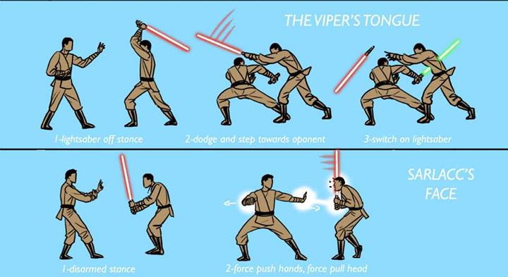 A two-panel instructional comic showing a lightsaber combat technique called 'The Viper's Tongue' with three steps…