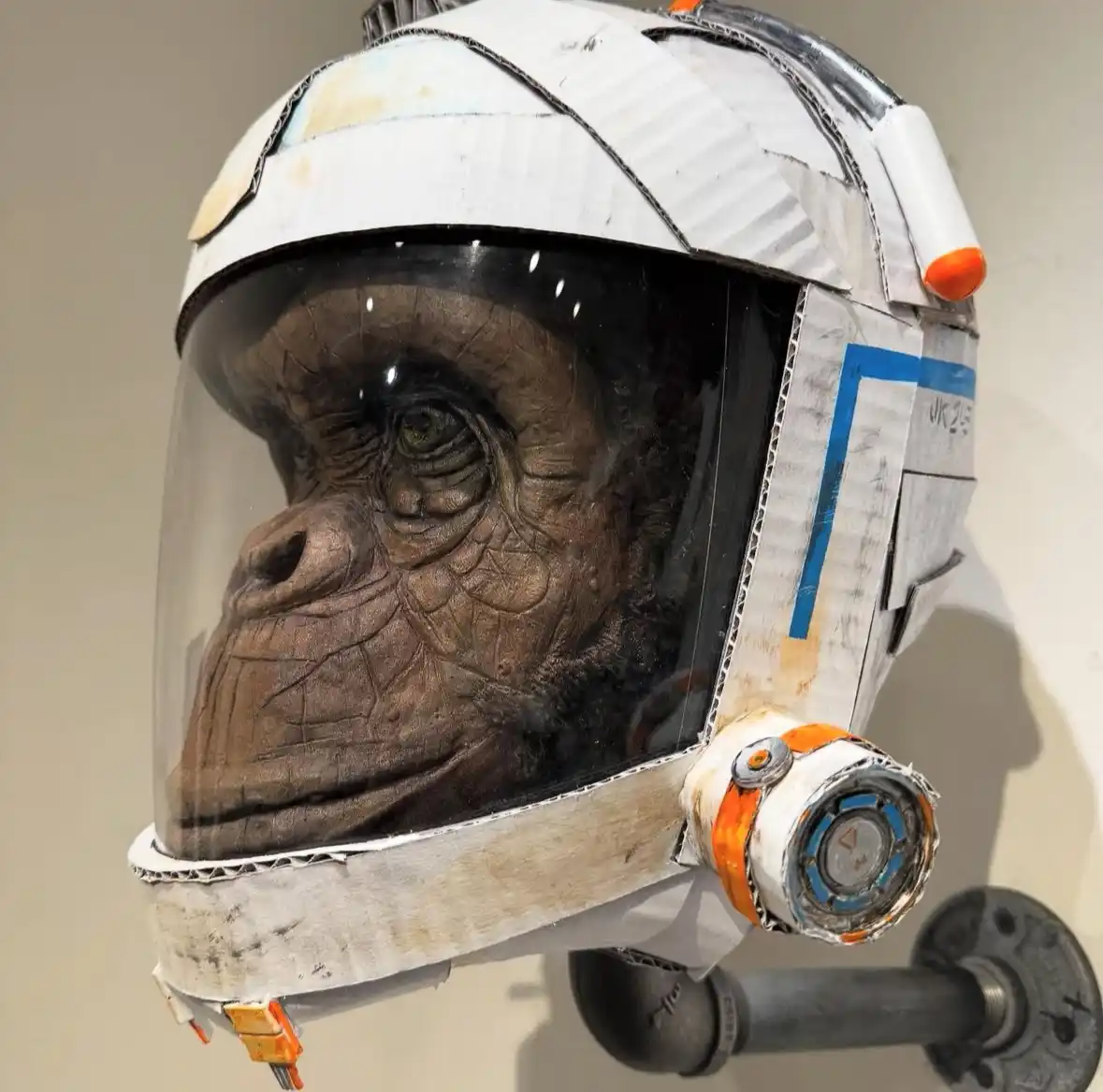 A realistic sculpture of a chimpanzee's face is encased in a detailed, weathered astronaut helmet made from cardboard and…