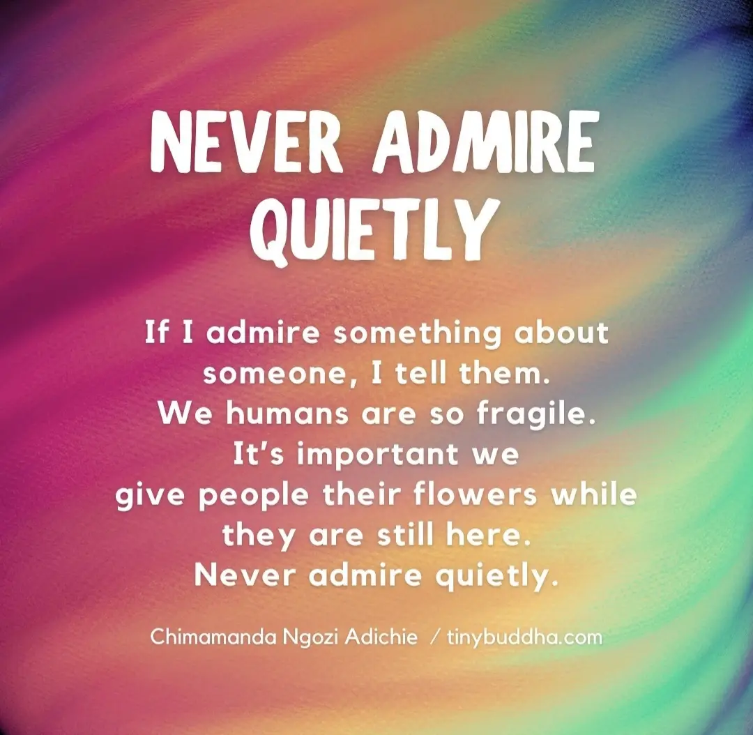 A vibrant, swirling rainbow gradient background features white text quoting Chimamanda Ngozi Adichie. The large headline…