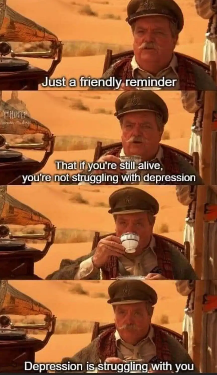 A four-panel meme featuring a man with a mustache and cap sitting in a desert setting next to a gramophone. He speaks in…