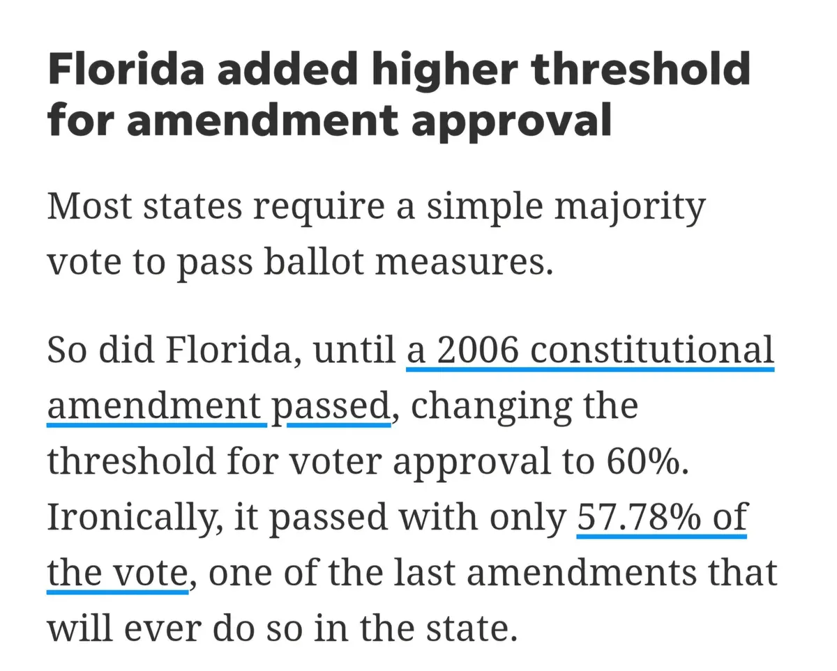 The image displays a block of text explaining how Florida raised its voter approval threshold for constitutional amendments…