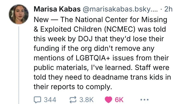 A screenshot of a tweet by Marisa Kabas showing a news report that the National Center for Missing & Exploited Children…