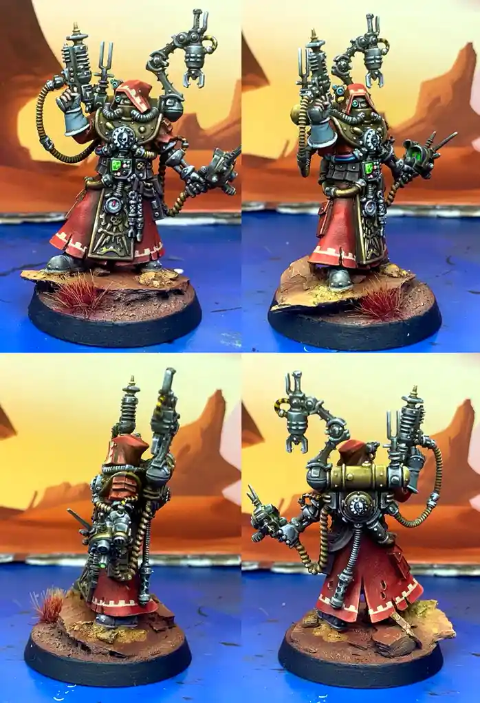 A four-panel image collage shows a heavily armed, red-robed, steampunk-style miniature figure from multiple angles. The…