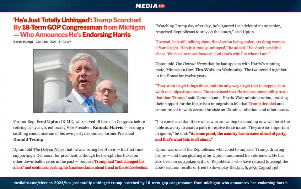 A screenshot of a Mediaite news article from October 24, 2024, featuring a photo of former Rep. Fred Upton (R-MI) speaking…