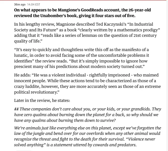 A screenshot of a news article excerpt about a 26-year-old named Mangione who gave a four-star review to the Unabomber's…