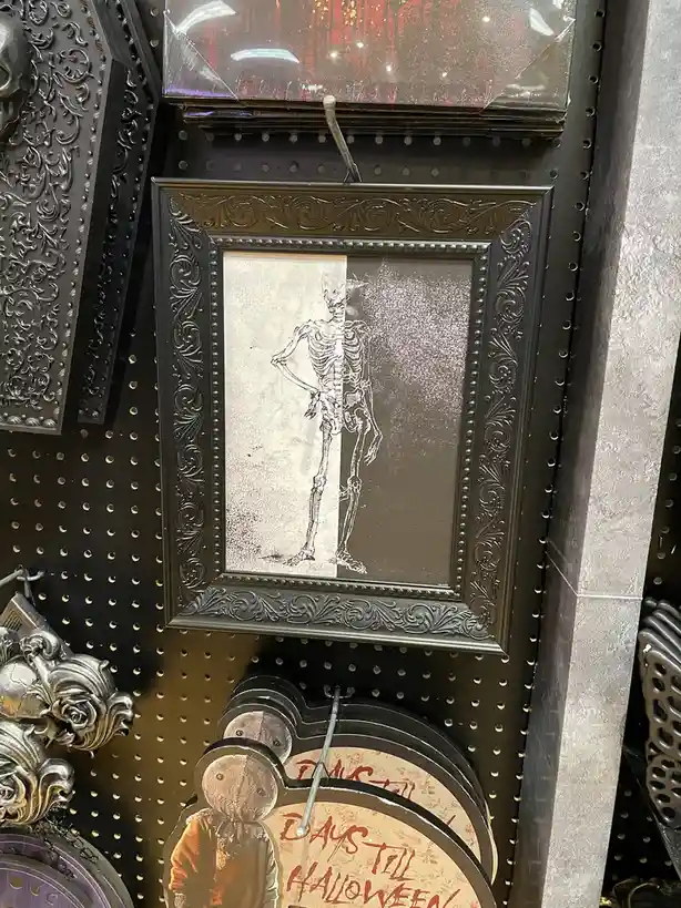 A framed Halloween skeleton illustration is displayed on a black pegboard wall, split vertically down the middle with one…