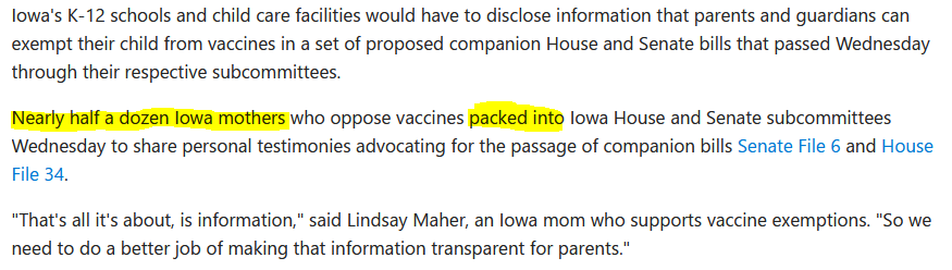 A screenshot of a news article about Iowa mothers testifying for vaccine exemption bills. The phrase 'Nearly half a dozen…