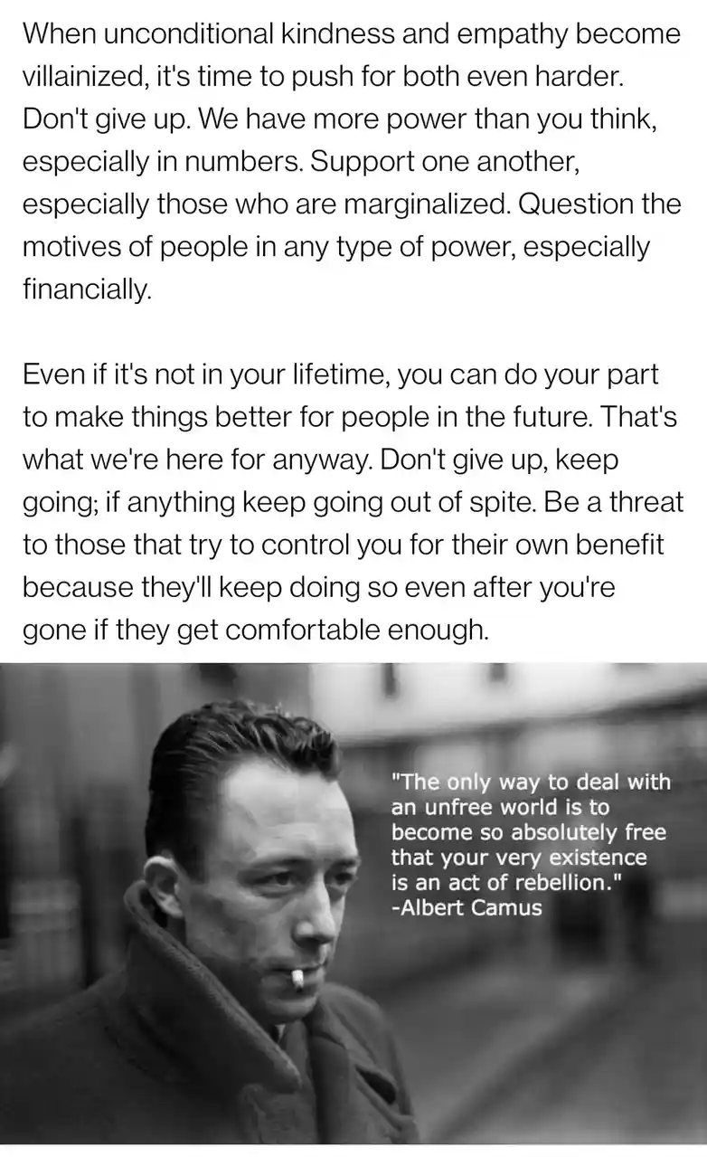 A black-and-white photo of Albert Camus smoking a cigarette, overlaid with a long motivational text urging persistence in…