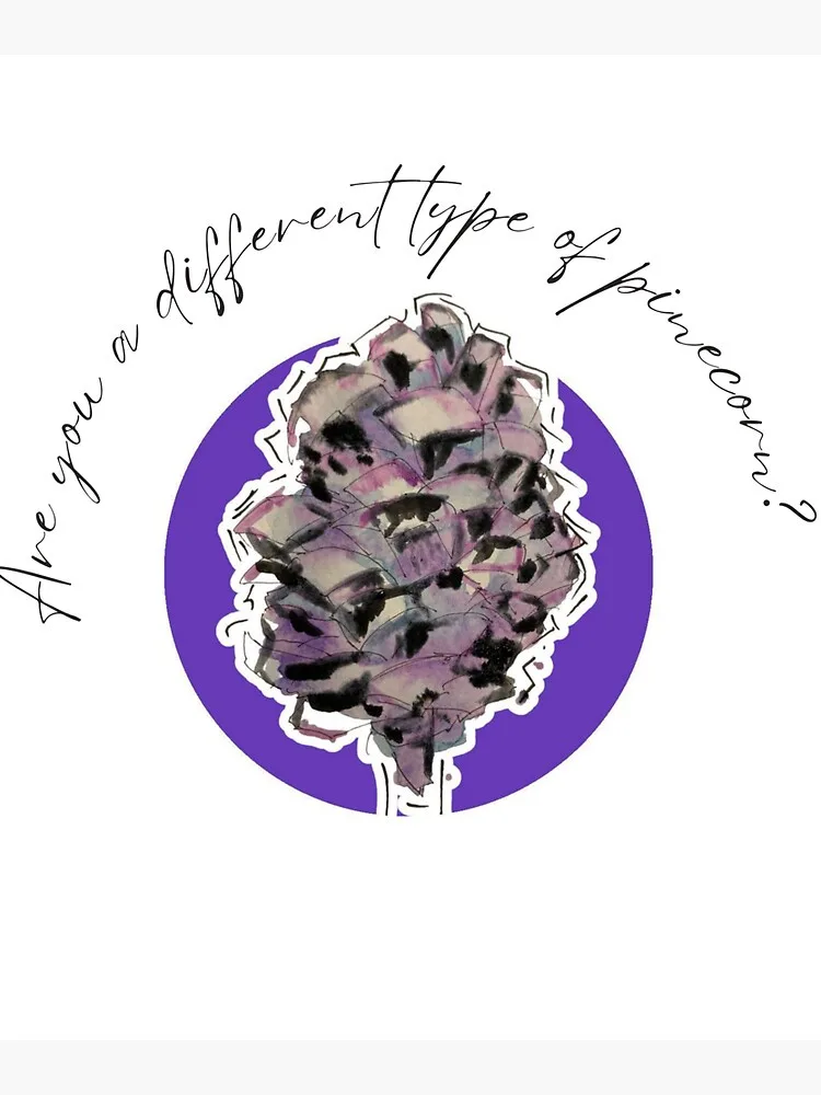 A stylized watercolor illustration of a pinecone with purple and black brushstrokes sits centered on a solid purple circular…