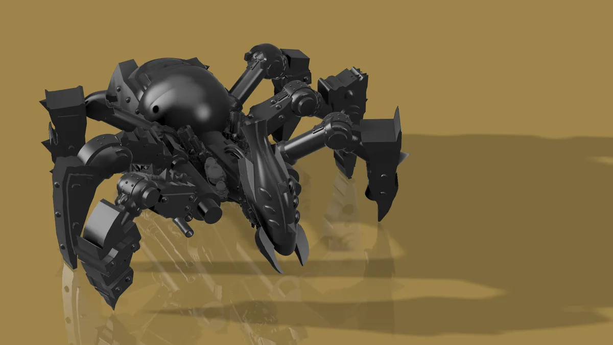 A black, mechanical spider-like robot with articulated limbs and a spherical body stands on a reflective, sandy surface. The…