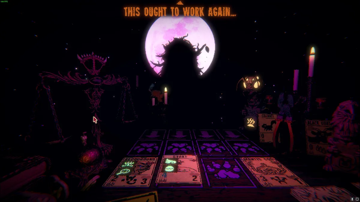 A dark, pixel-art game scene shows a ritual setup with a large purple moon, candles, and occult symbols. Cards labeled…