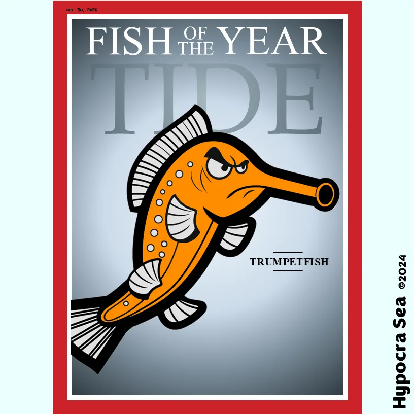A cartoon orange trumpetfish with an angry expression is featured on a magazine cover styled like 'TIDE' magazine, dated…