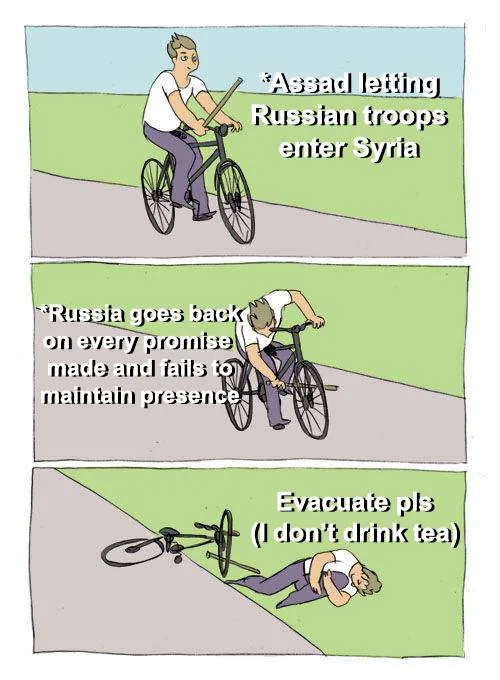 A three-panel comic strip shows a man on a bicycle. In the first panel, he pedals forward with text saying '*Assad letting…