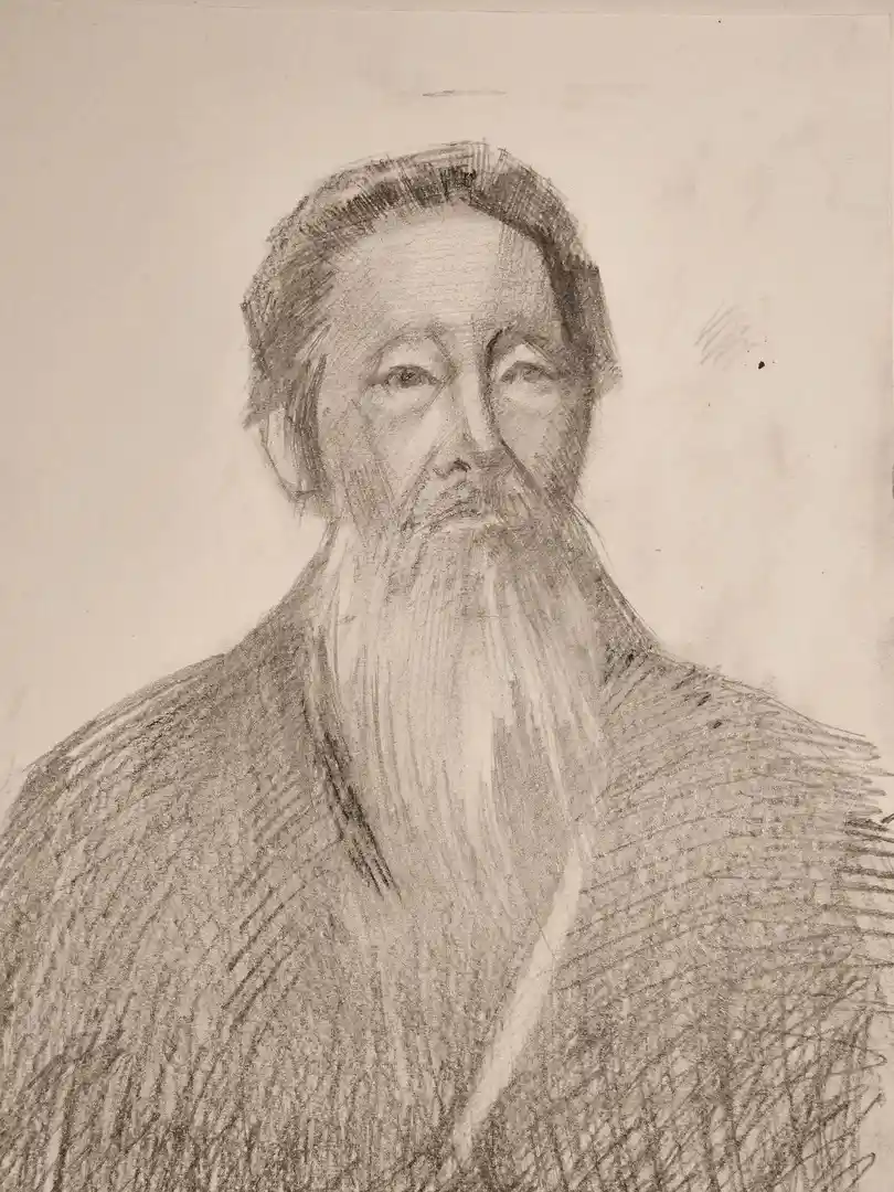 A pencil sketch of an elderly man with a long beard and traditional attire, looking directly at the viewer. The overlaid…