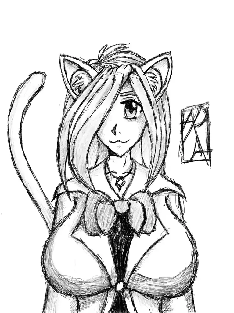 A black-and-white sketch depicts an anime-style female character with cat ears and a tail, wearing a revealing outfit with a…