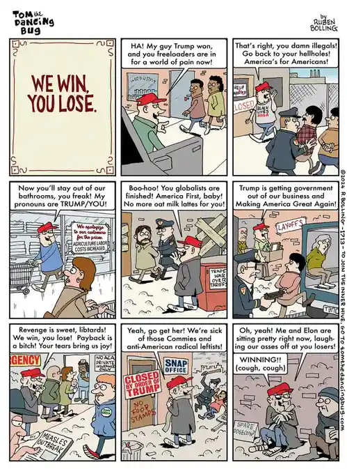 A nine-panel comic strip by Ruben Bolling titled 'Tom the Dancing Bug' depicts a man in a red cap and uniform ranting about…