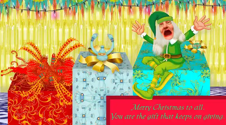 A cartoon elf in green attire sits atop a large blue gift box, arms raised in shock or excitement, against a backdrop of…