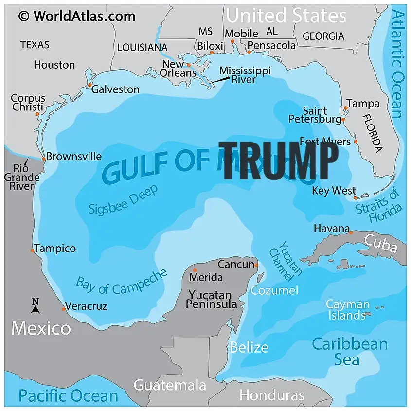 A map of the Gulf of Mexico with the text 'GULF OF TRUMP' overlaid in large bold letters across the water body, replacing…