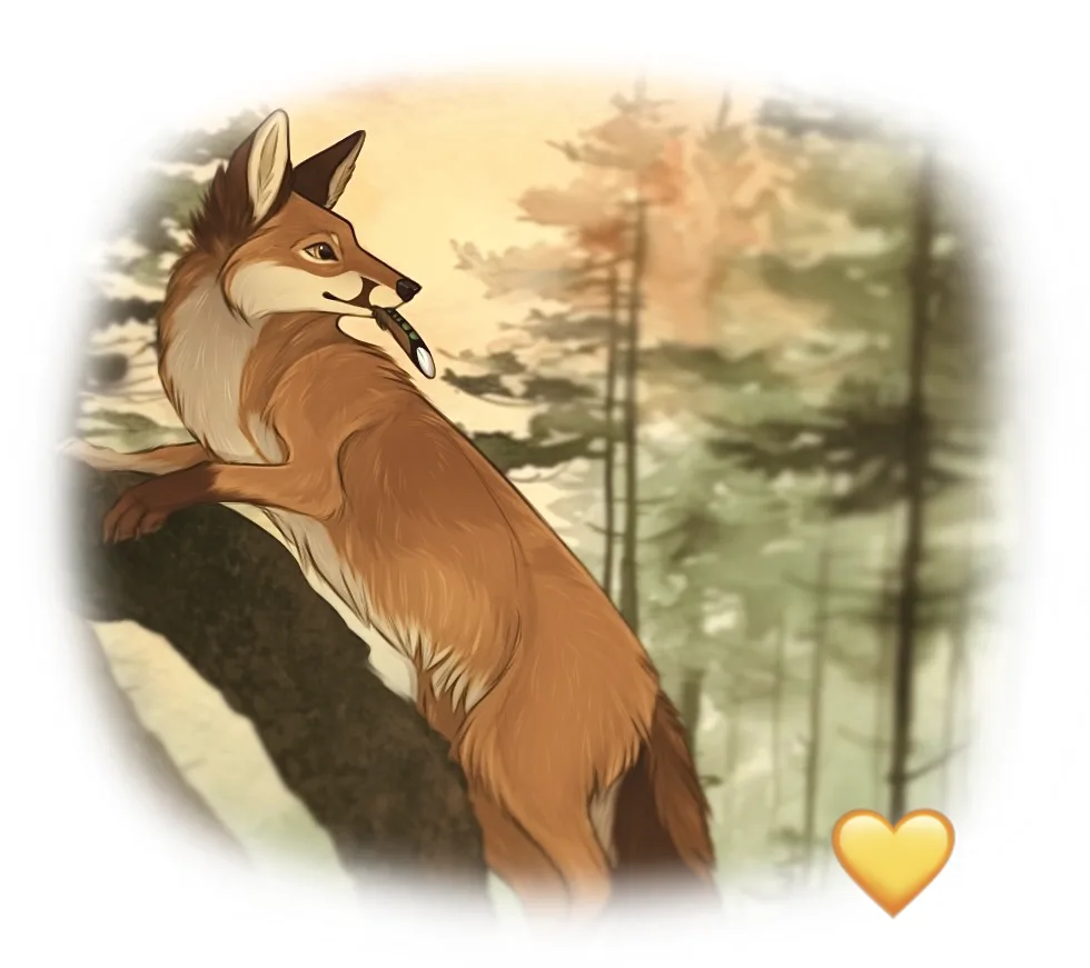 A stylized illustration of a fox standing on a rock in a forest, holding a pen in its mouth, with a yellow heart emoji in…