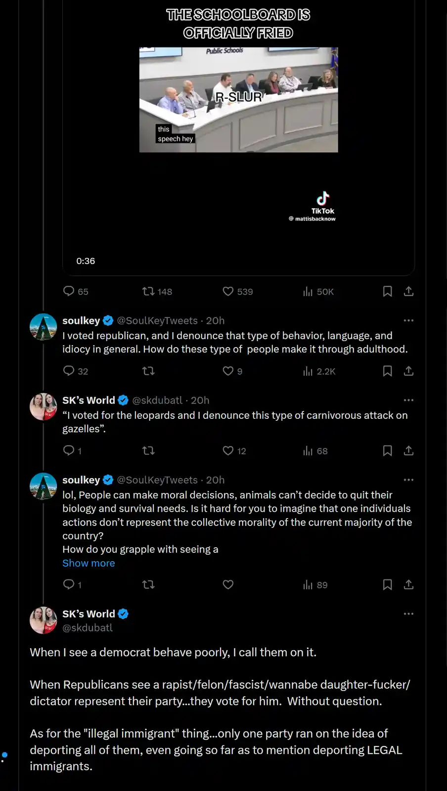 A screenshot of a TikTok video shows a school board meeting with several people seated at a long table. Overlaid text reads…
