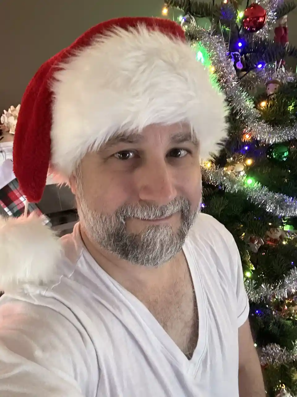 A man with a gray beard wearing a red and white Santa hat smiles at the camera while standing in front of a decorated…