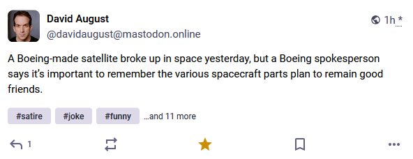 A screenshot of a Mastodon post by David August shows a tweet-like message with overlaid text stating that a Boeing-made…