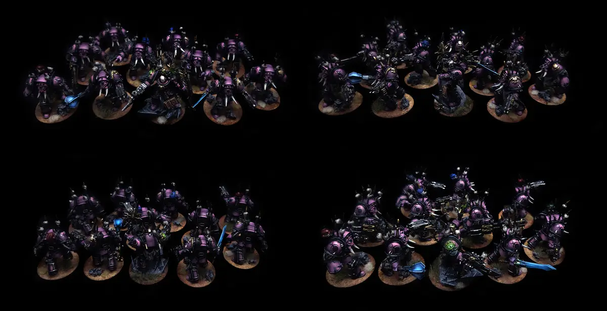 The image displays four panels of painted miniature figurines, all in purple armor with horns and weapons, arranged in…