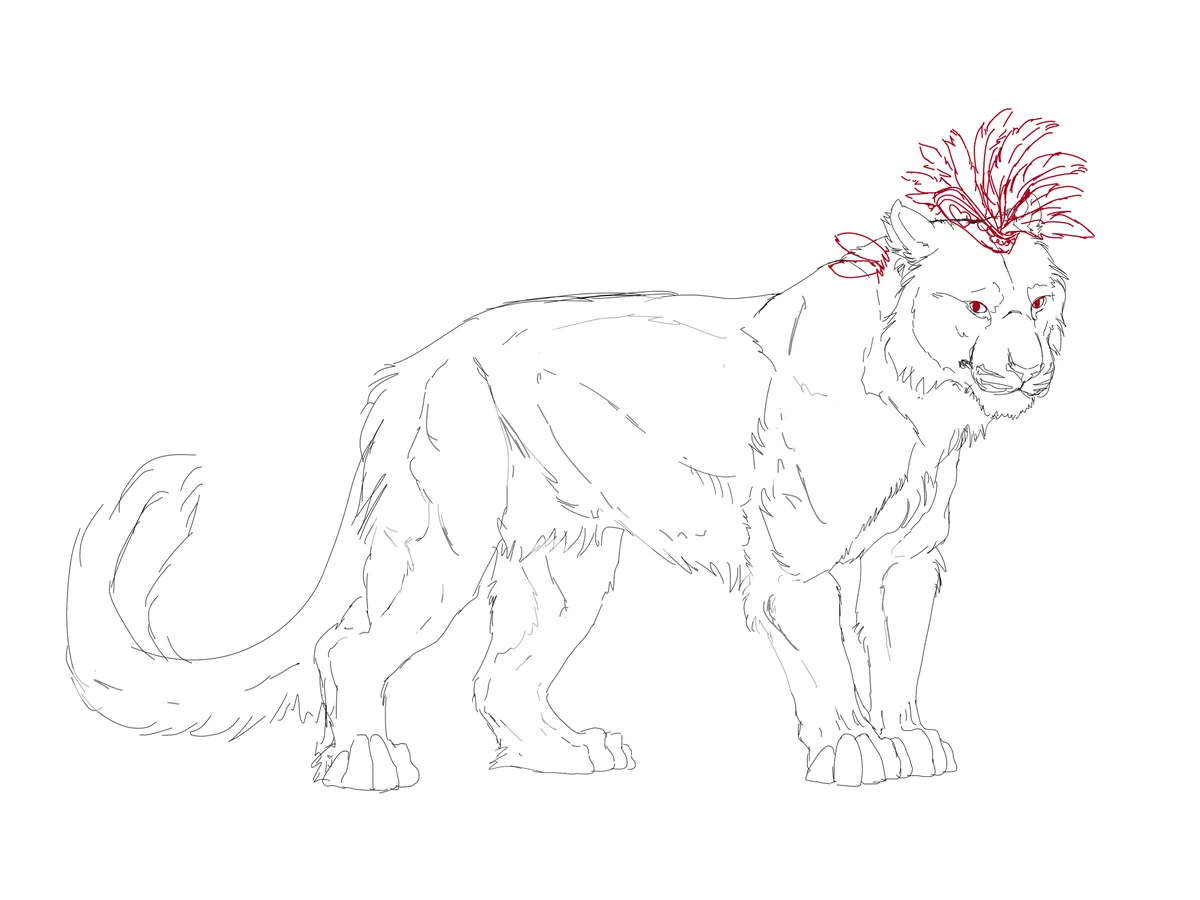 A black-and-white line drawing of a lion standing in profile, with red ink drawn over its head to resemble a feathered…