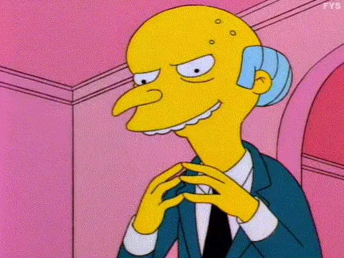 The image shows five frames of the animated character Mr. Burns from The Simpsons, wearing a dark suit and tie, standing in…