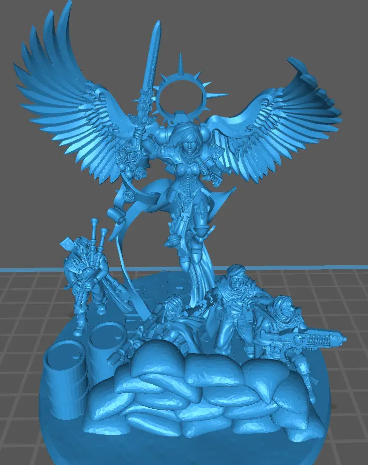 A 3D-printed miniature scene shows a large, winged angelic figure holding a sword and halo, standing over a group of smaller…