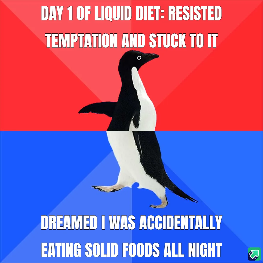 A black-and-white penguin stands centered against a red-and-blue background, with bold white text above and below. The top…