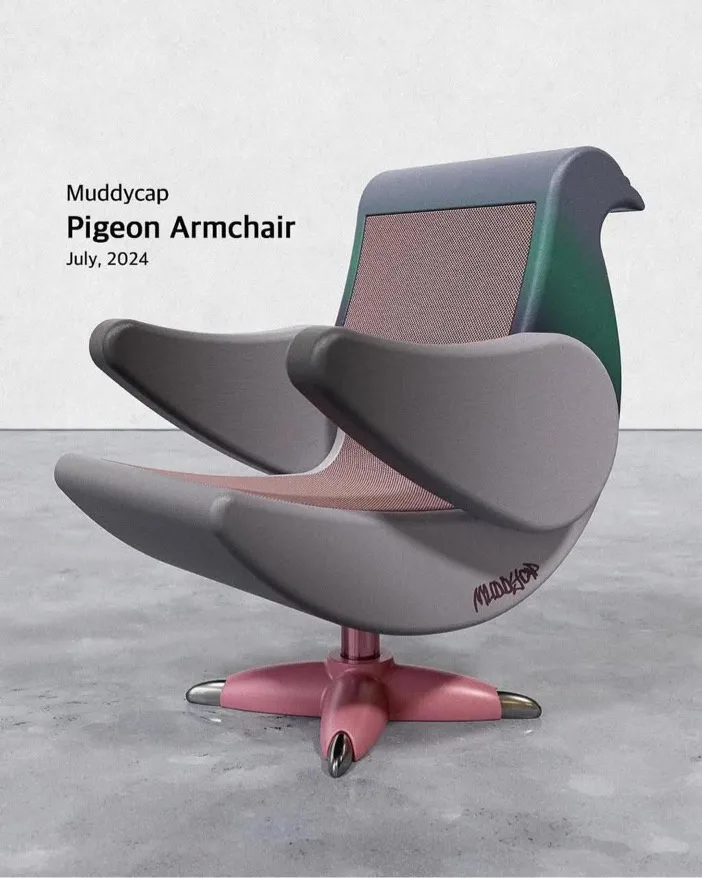 A modern armchair shaped like a pigeon, with grey body, green head, and pink base, labeled 'Muddycap Pigeon Armchair July…