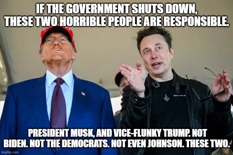 The image shows Donald Trump wearing a red 'Make America Great Again' cap and a blue suit, standing next to Elon Musk in a…