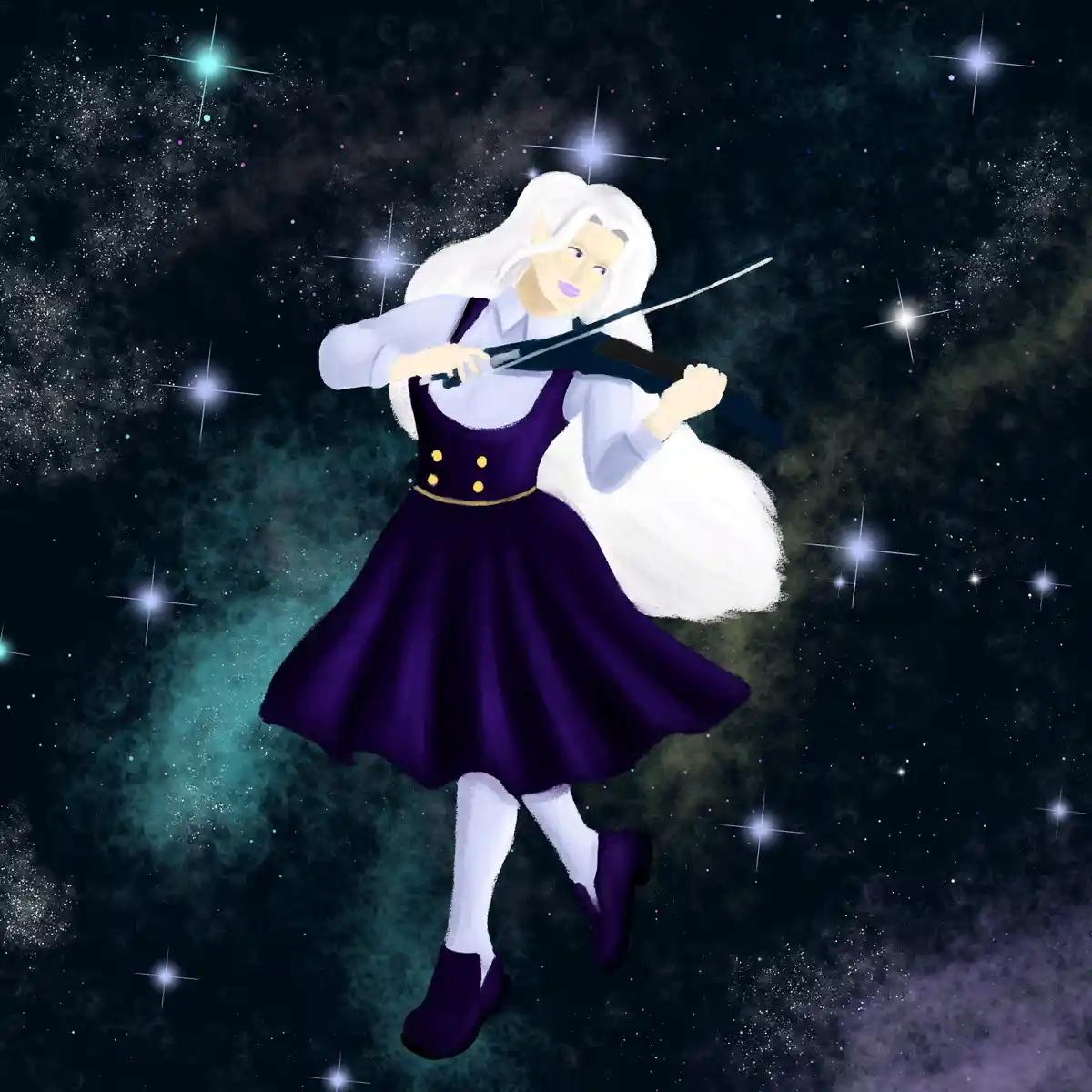 An anime-style girl with long white hair, wearing a purple dress over a white shirt and white tights, plays a violin while…