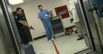 A six-panel sequence from the movie 'The Expendables' shows a man in a hospital gown holding a gun, escalating from a…