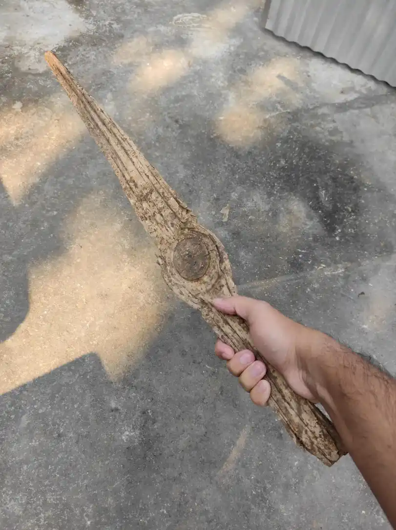 A person's hand holds a long, weathered, irregularly shaped wooden object with a knot in the middle, resembling a crude tool…
