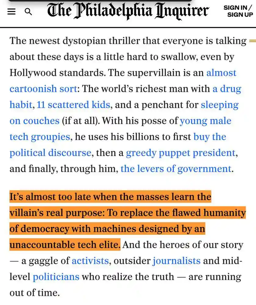 A screenshot of an article from The Philadelphia Inquirer, with a highlighted paragraph describing a dystopian villain as a…
