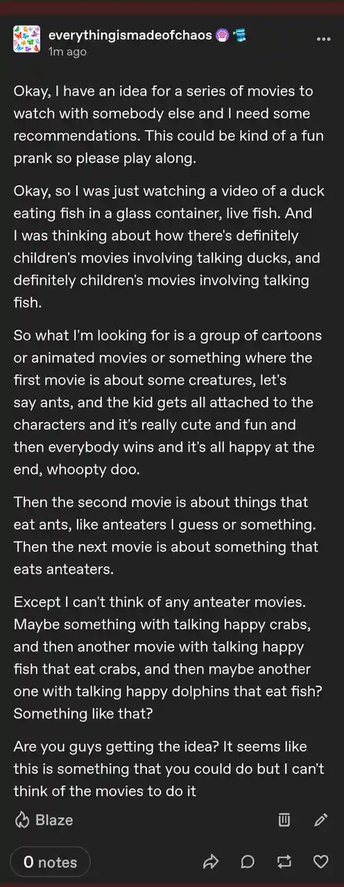 A screenshot of a Tumblr post by 'everythingismadeofchaos' asking for movie recommendations for a prank series. The post…