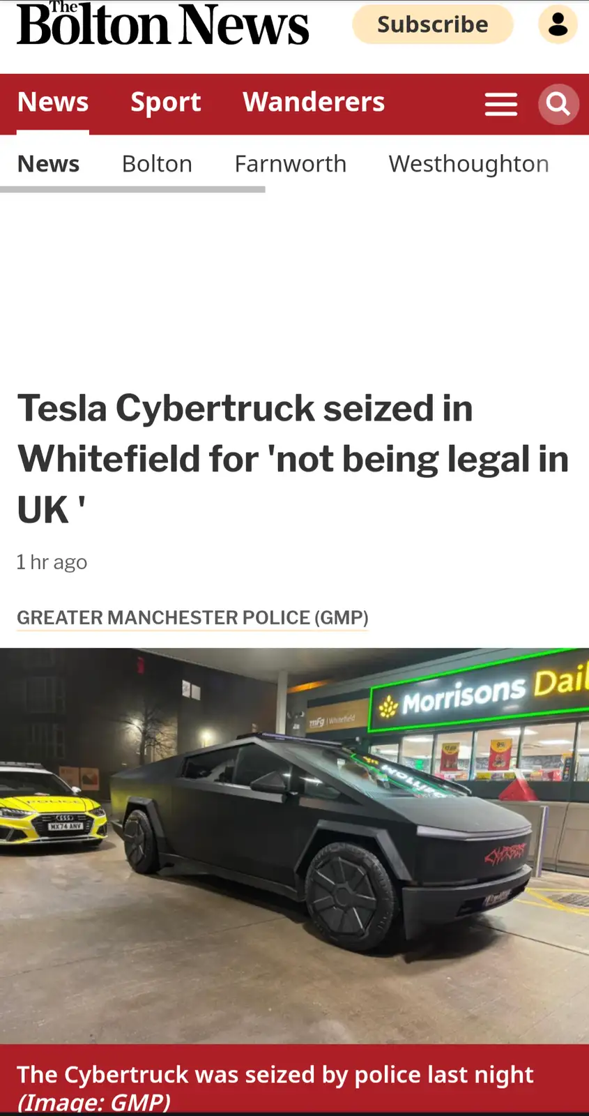 A screenshot of a Bolton News article shows a black Tesla Cybertruck parked outside a Morrisons store at night, with a…
