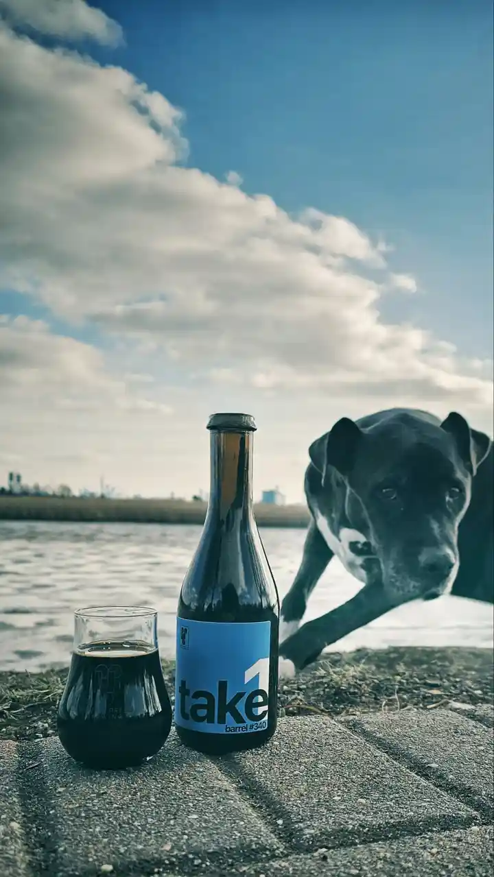 A dark beer bottle labeled 'take 1 barrel #340' and a glass of dark beer sit on a concrete ledge near water, with a black…