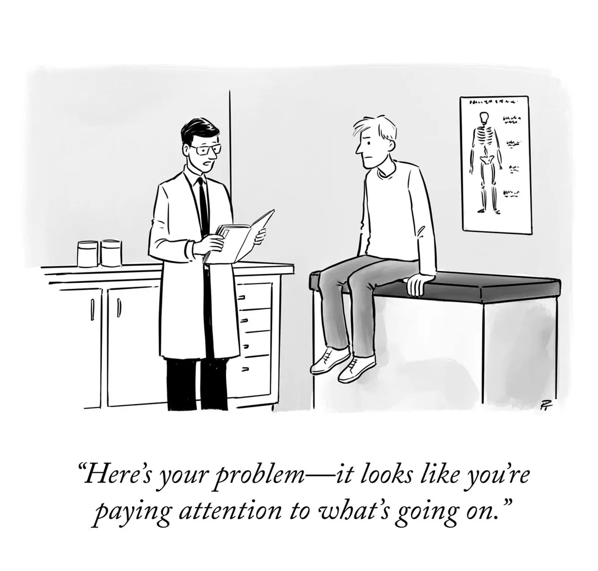 A black-and-white cartoon depicts a doctor in a lab coat holding a clipboard while speaking to a patient sitting on an…