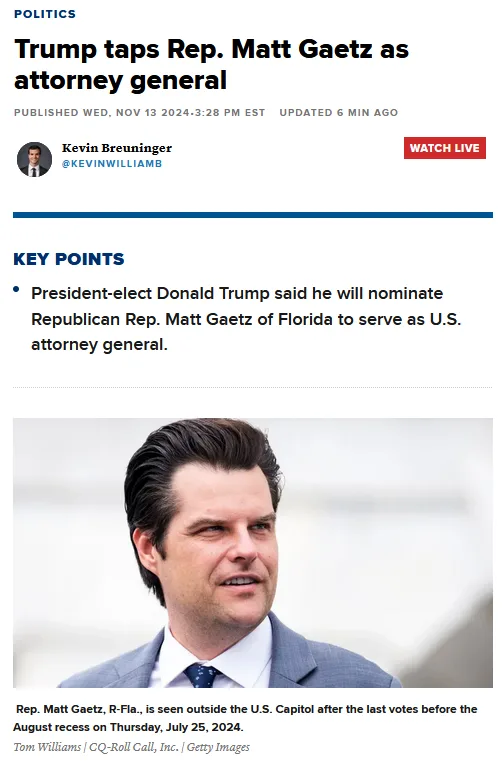 A screenshot of a news article from CQ-Roll Call with the headline 'Trump taps Rep. Matt Gaetz as attorney general' and a…
