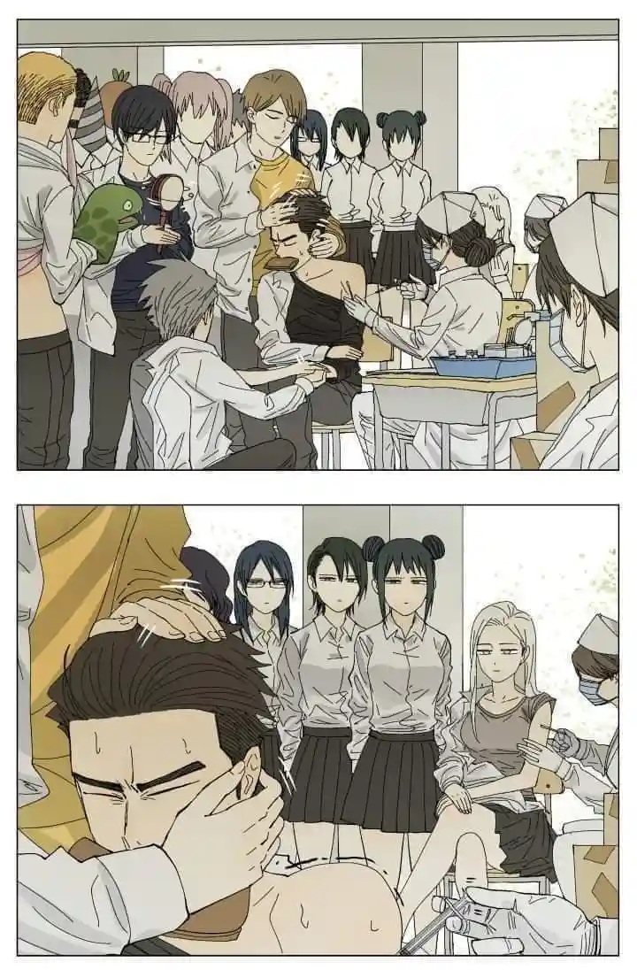 Two-panel anime comic showing a man in pain as he gets a shot, with a crowd of onlookers. In the top panel, he grimaces…