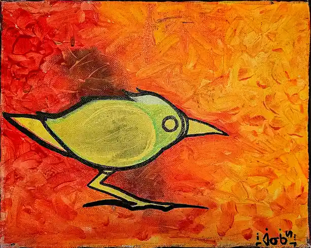 A stylized painting of a green bird with a yellow beak and legs, outlined in black, standing on a branch against a textured…