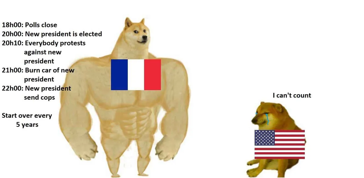 A muscular dog with a French flag on its chest lists a satirical timeline of French political events, while a crying dog…