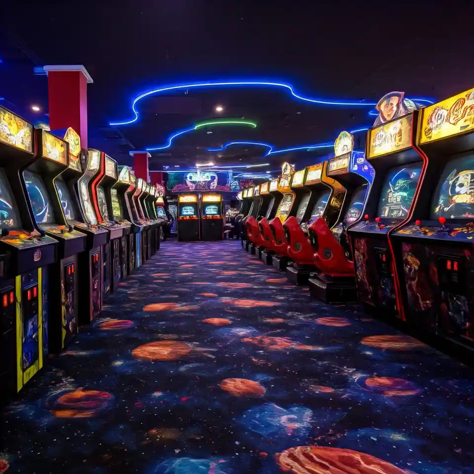 A long, brightly lit arcade hallway lined with classic upright arcade machines on both sides, featuring glowing screens and…