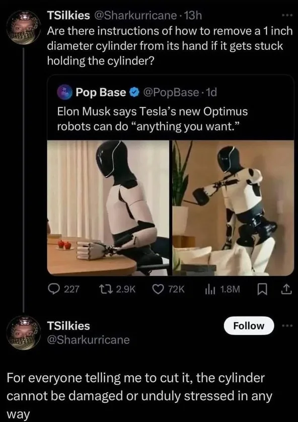 A screenshot of a Twitter thread where a user questions if there are instructions for removing a 1-inch cylinder from a…