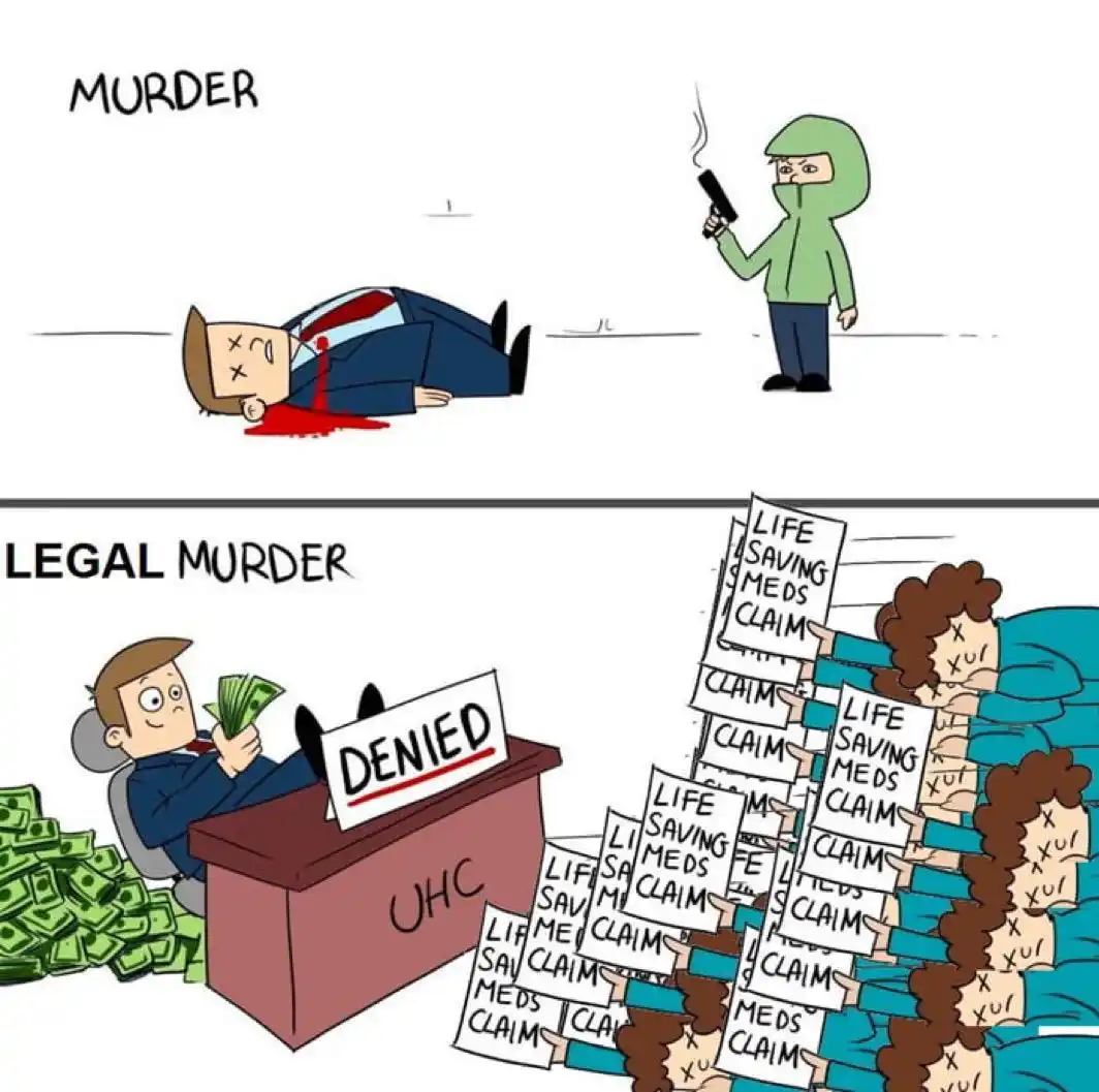 Top panel: A masked gunman shoots a businessman in a suit, labeled 'MURDER'. Bottom panel: The same businessman sits at a…