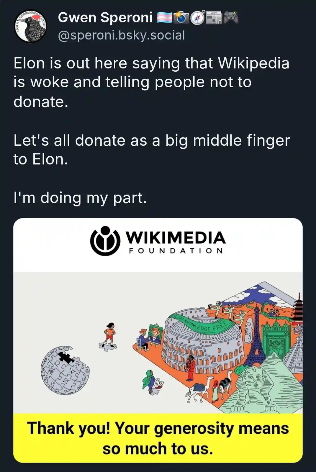 A screenshot of a social media post by Gwen Speroni showing a Wikimedia Foundation donation thank-you image. The image…